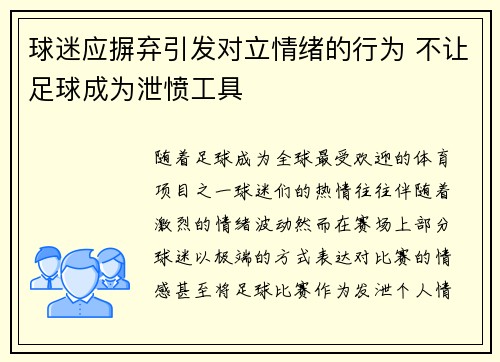 球迷应摒弃引发对立情绪的行为 不让足球成为泄愤工具