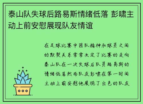 泰山队失球后路易斯情绪低落 彭啸主动上前安慰展现队友情谊