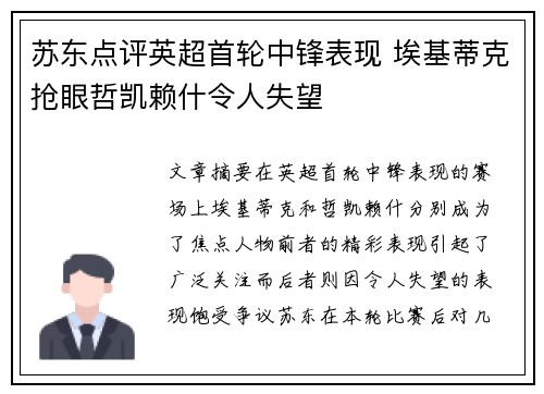 苏东点评英超首轮中锋表现 埃基蒂克抢眼哲凯赖什令人失望