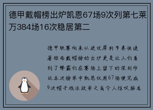 德甲戴帽榜出炉凯恩67场9次列第七莱万384场16次稳居第二
